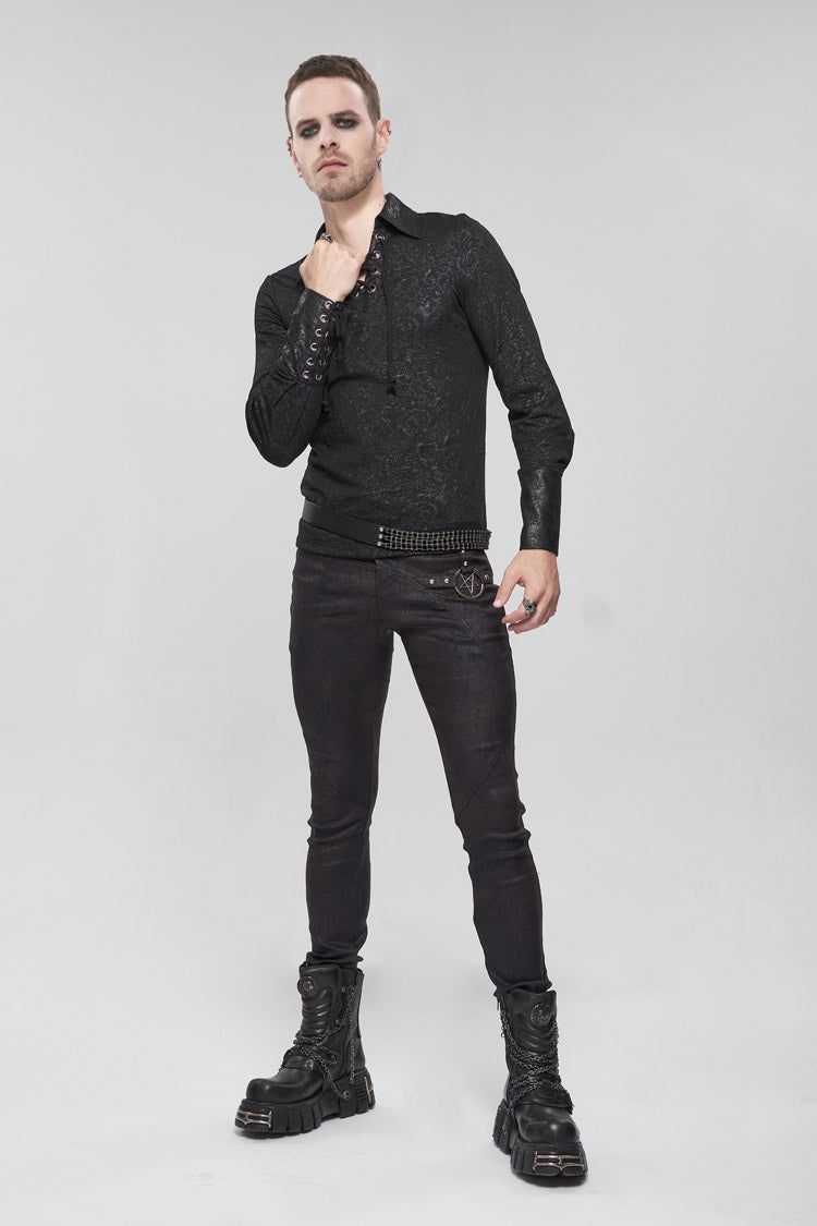 Men's Punk Slim Pants with Metal Pentagram, Crackle Finish and Basic Funds