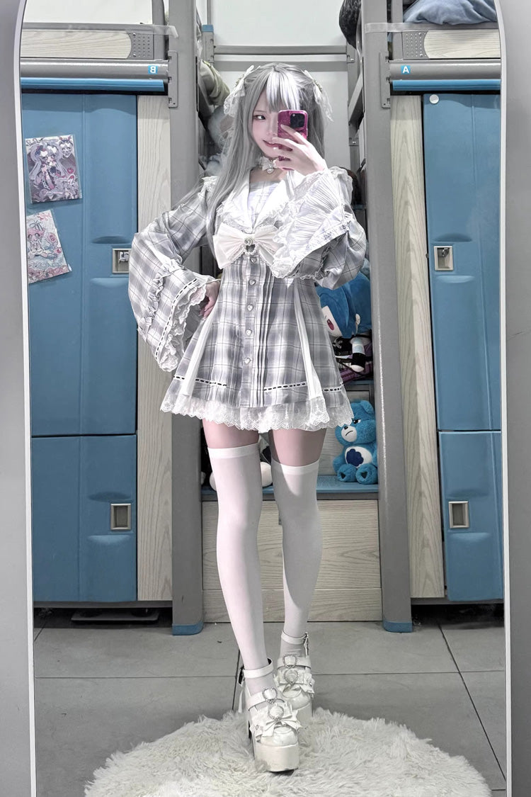 Dark Night Prayer Square Collar Long Sleeve Bow Lace Pearl Sweet Jirai Kei Dress and Shorts Set