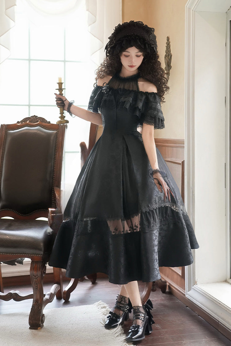 Snow Off Shoulder Halterneck Printed Ruffle Gothic Elegant Dress - Flowers in the Mist