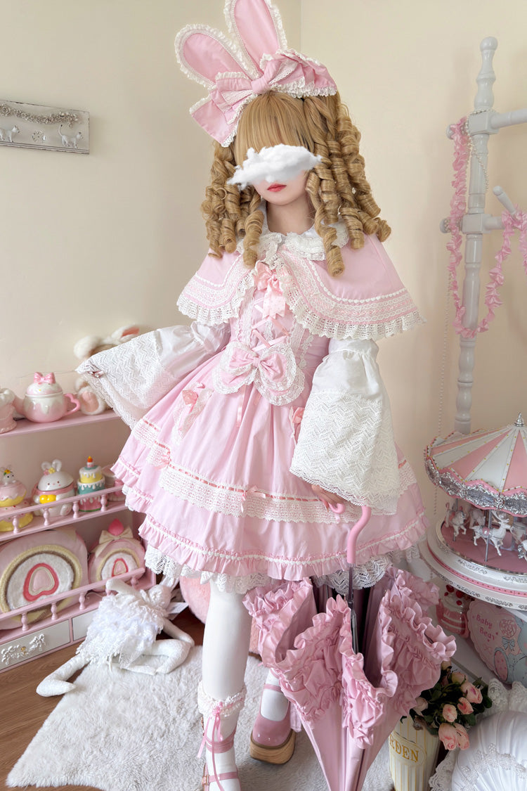 Pink [Bobo Bunny Doll] Ruffled Bow Lace-Up Sweet Lolita Jsk Dress