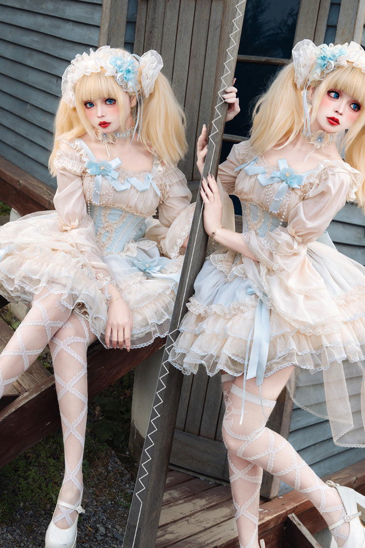 [Flowing Light Gift Box] Square Collar Sleeveless Multi-Layered Ruffled Bow Elegant Ballet Sweet Lolita Jsk Dress 6 Colors