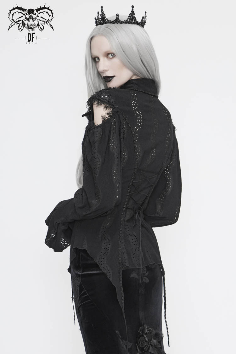 Women's Gothic Blouse in Black with Webbing Appliques, Lantern Sleeves & Back Lace-Up