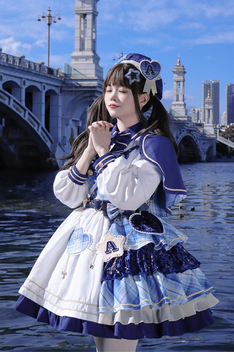 White Blue Starlight Academy Style Long Sleeves Printed Ruffled Spliced Asymmetric Faux Two-Piece Sweet Dress