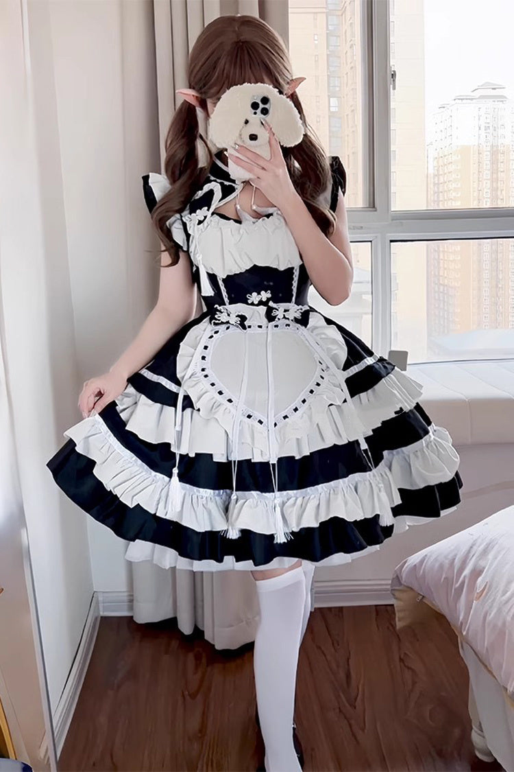 Monochrome Double Ruffle Bow Love Print Sweet Plus Size Chinese Lolita Set