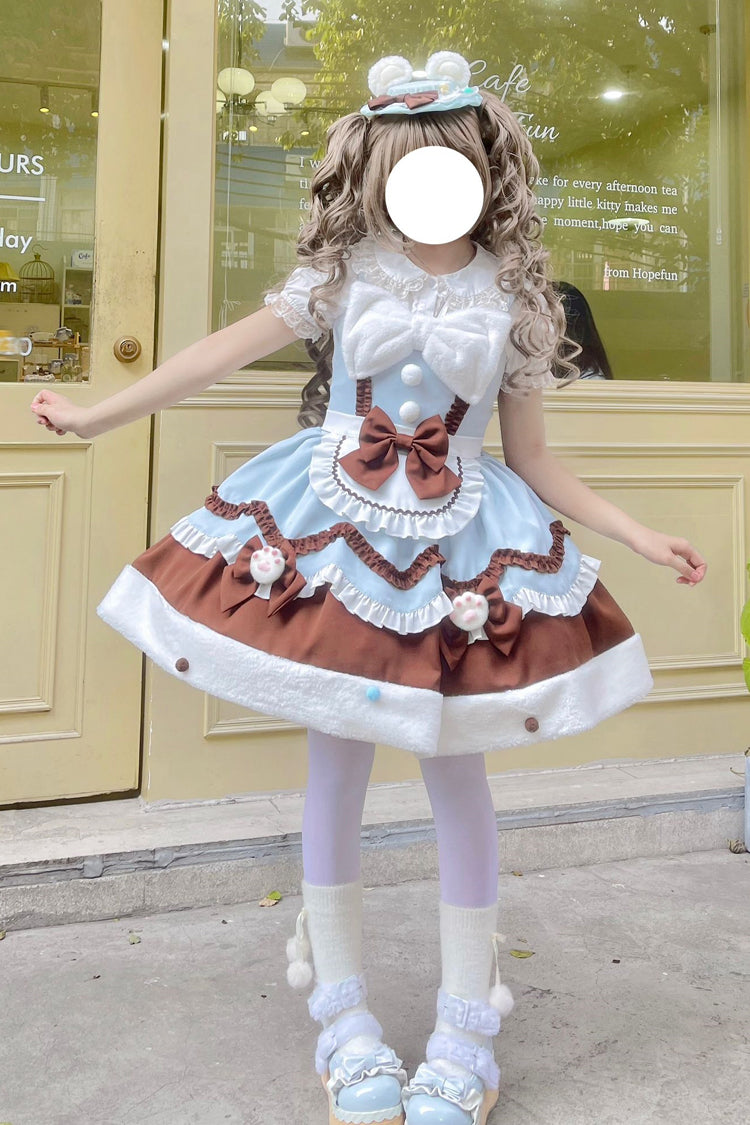 Cream Snow Cat Winter Ruffle Bowknot Sweet Lolita JSK