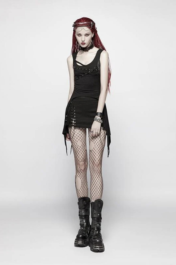 Irregular Hem Punk Vest with Metal Buckle Detail
