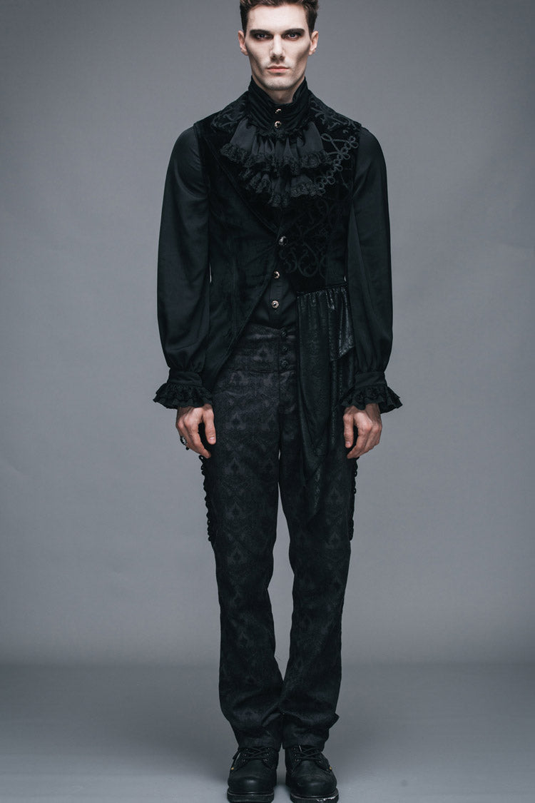 Noir Velvet Gothic Vest with Frog Buttons and Floral Motif