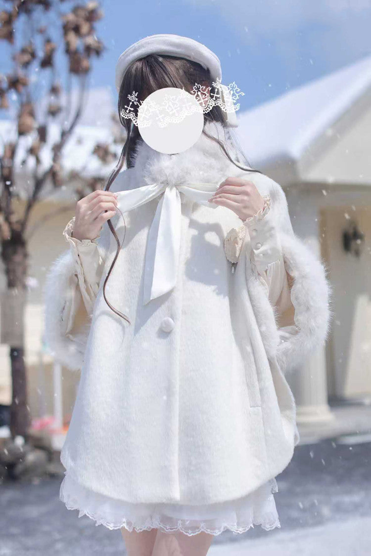 Ivory Lace Sweet Japanese Fluffy Cape Coat