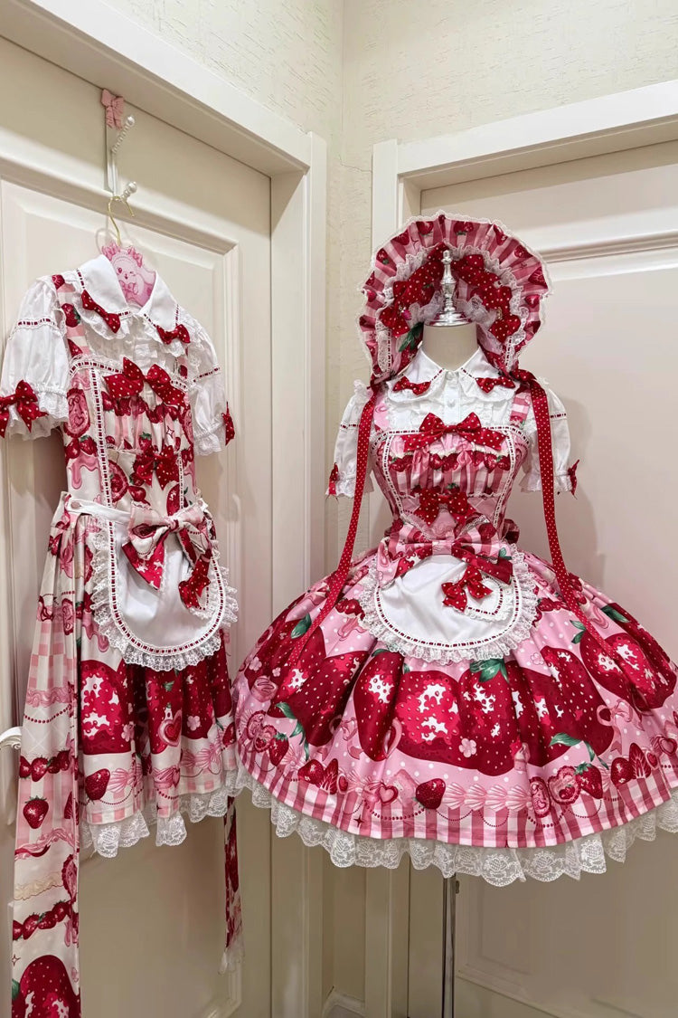 Dream to Strawberry Print Ruffled Bow Lace Sweet Lolita JSK Dress - 4 Colors