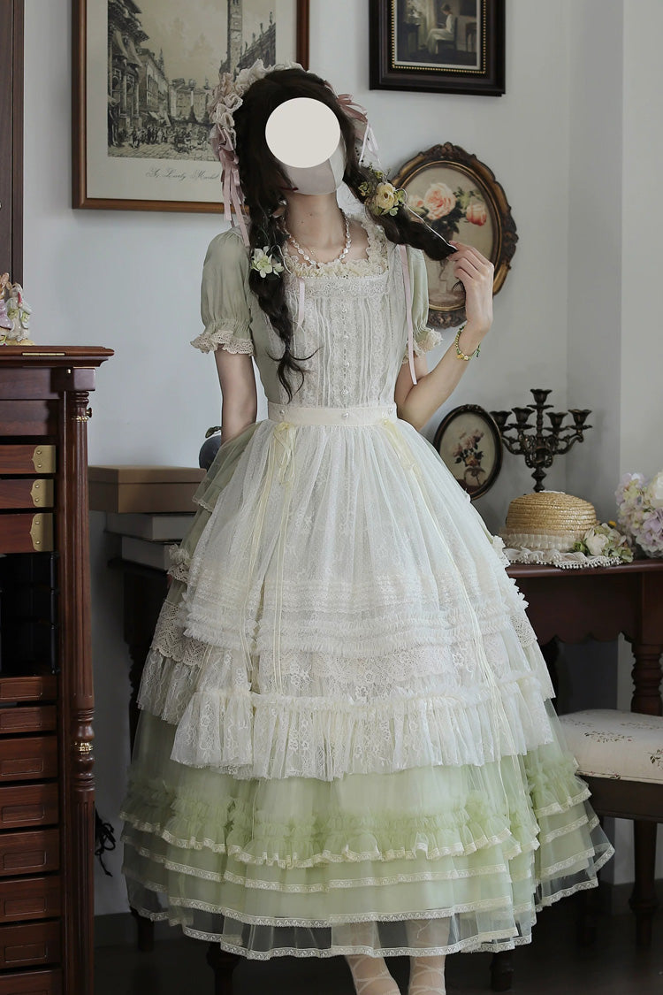 Vintage Ball Square Collar Lace Pearl Sweet Dress in Muscat Green