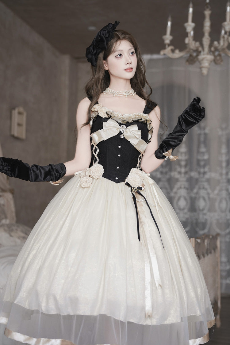 Black/White [Paris Souvenir] Sleeveless Ruffled Bow Lace-Up Fishbone Pearl-Decorated Classic Elegant Lolita Jsk Dress