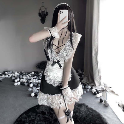 Cosplay Black Bow Maid Deep Lace Lingerie Dress