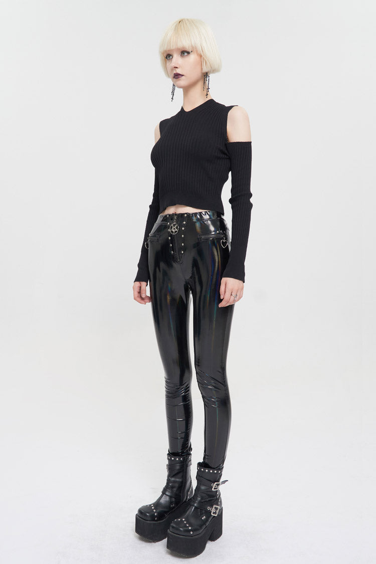 Women's Punk Wool Knit Long Sleeve Sweater with Hooded Off-The-Shoulder Back Cutout Rope String Upside Down Pentagram
