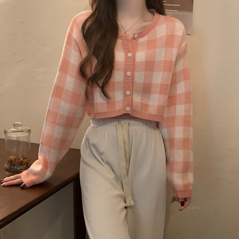 Pink Plaid Top Cardigan Sweater White Pants Set