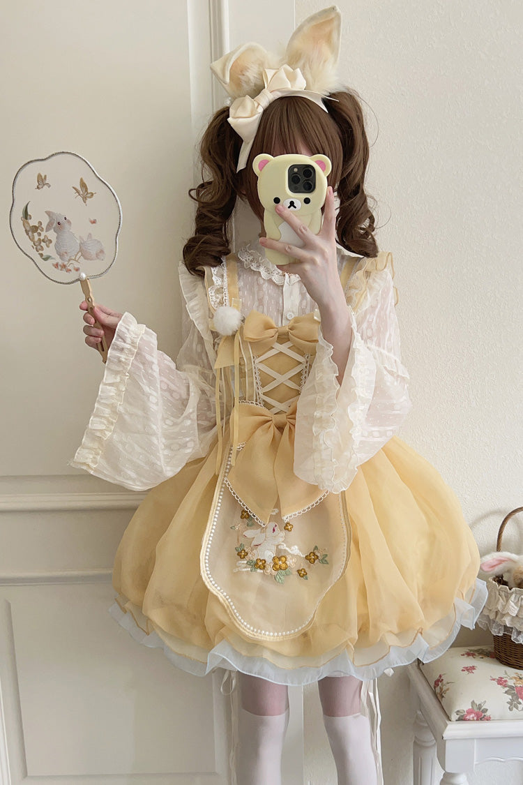 Yellow Moon Rabbit Embroidery Ruffled Bowknot Lace Sweet Lolita JSK