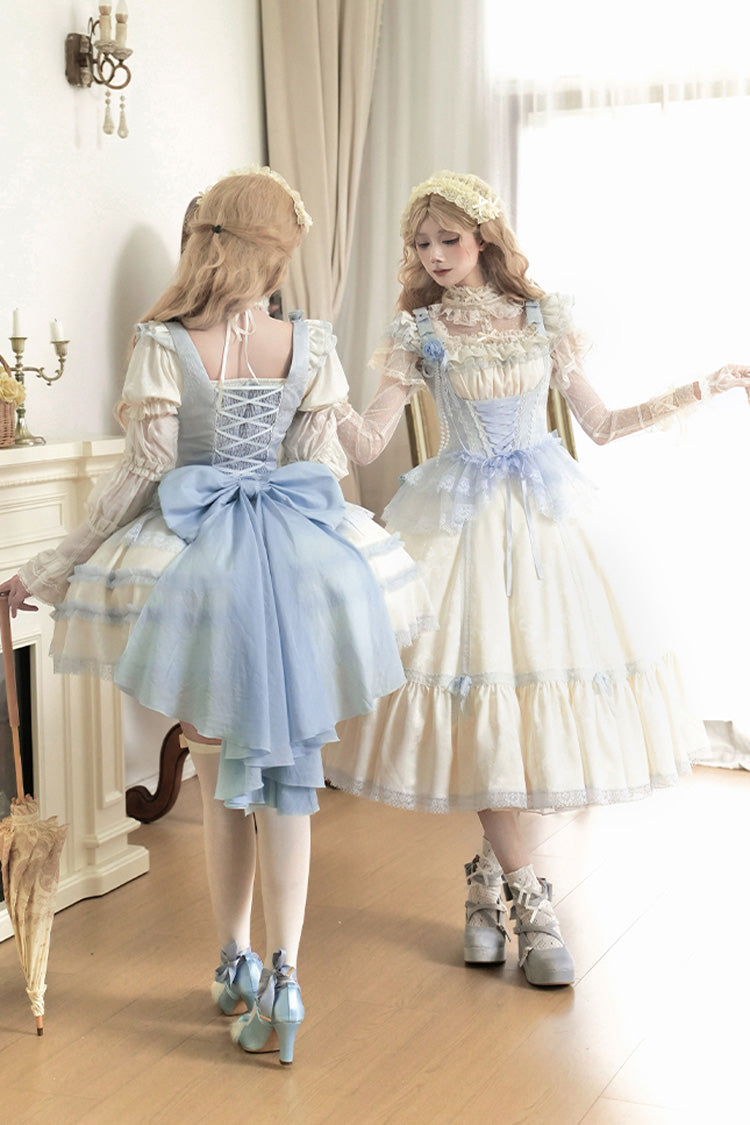 Ivory Square Collar Short Sleeve Ruffle Fishbone Sweet Short Dress - Sea Salt Iced Tea
