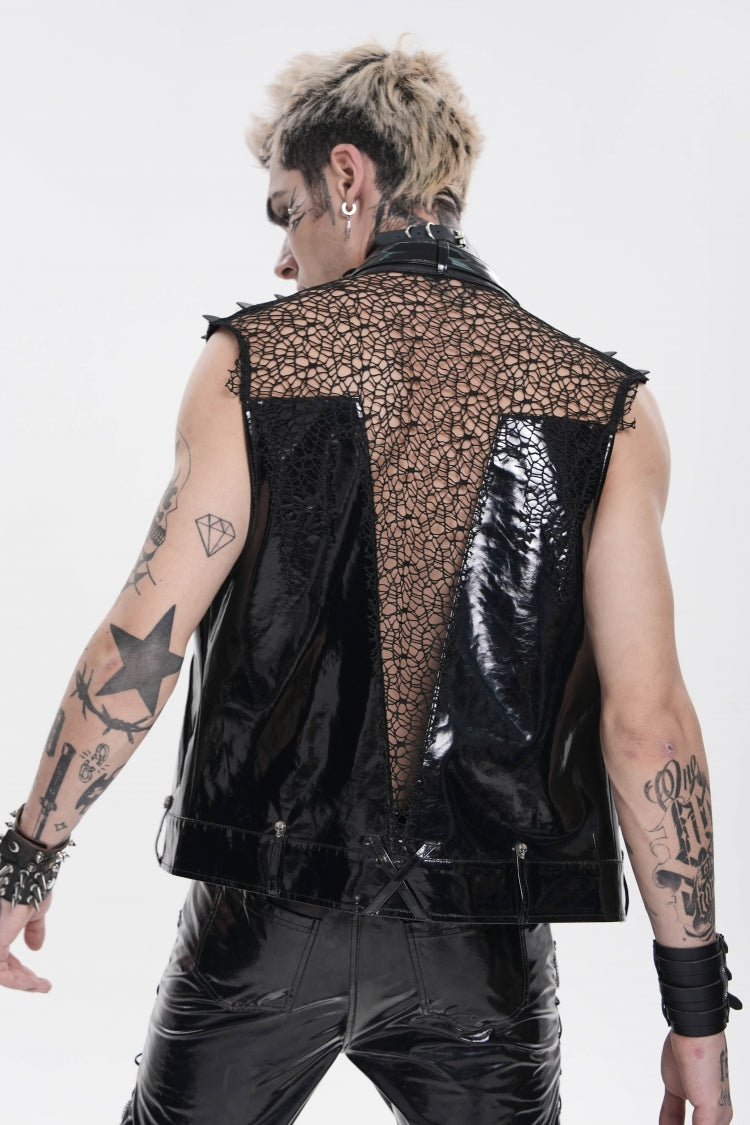 Noir Punk Vest with Chains, Studs, and Mesh Accents