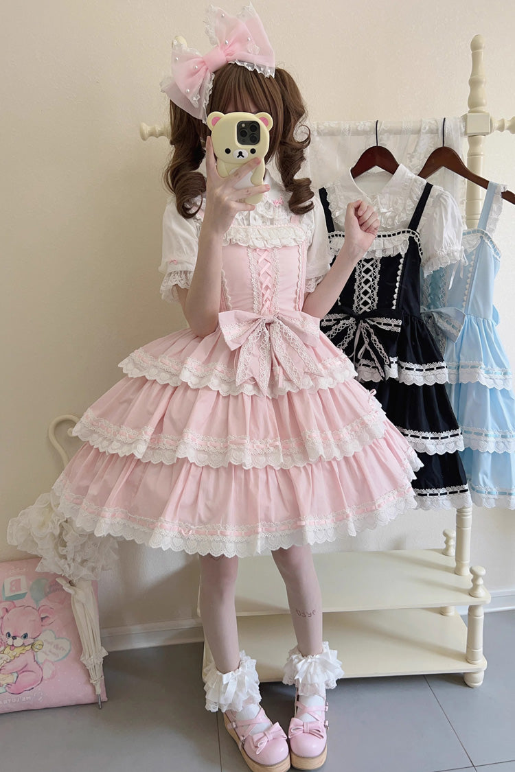 Pink Maiden Heart Triple Layer Ruffle Bow Lace Sweet Jsk