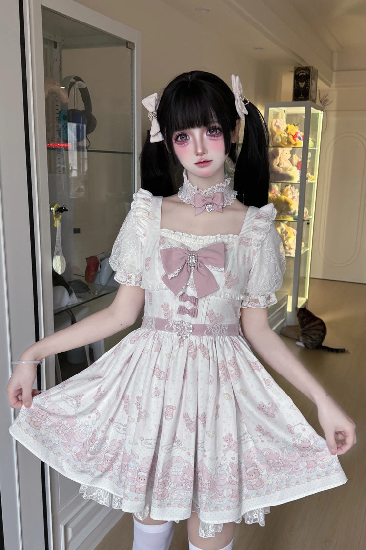 Teddy Bear Party Square Collar Dress with Ruffled Bow