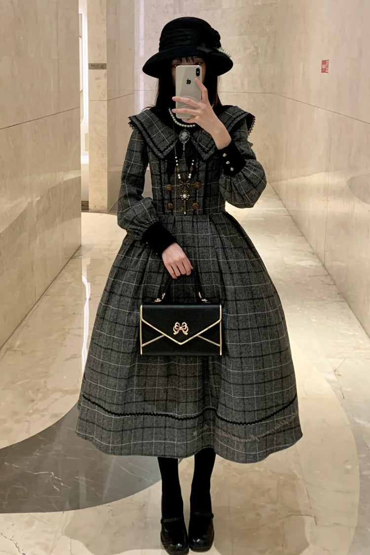 Ash Plaid Bowknot Elegant Sweet Lolita Gown with Long Sleeves