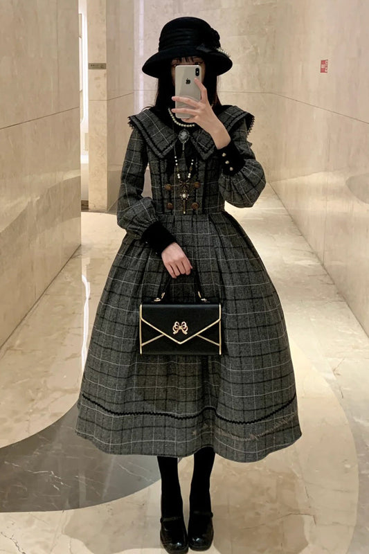 Ash Plaid Bowknot Elegant Sweet Lolita Gown with Long Sleeves