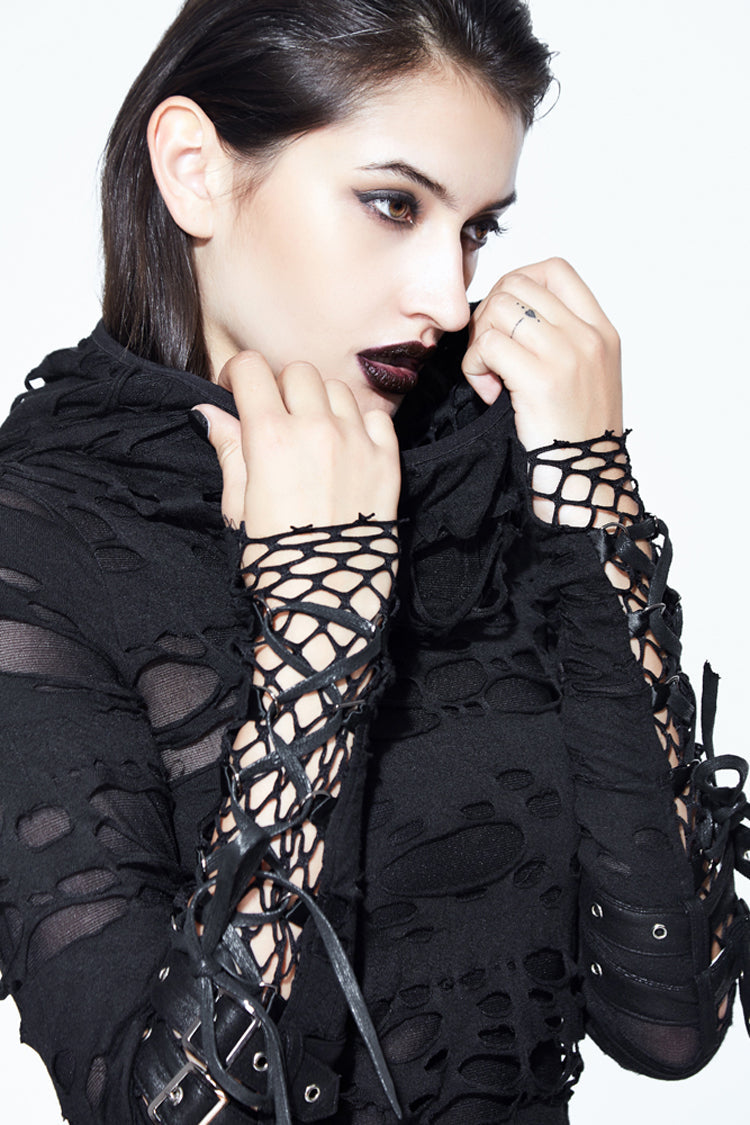 Women's Punk Shirt with Hooded Ripped Finger Covered Splice Mesh Leather Loop Lace Up