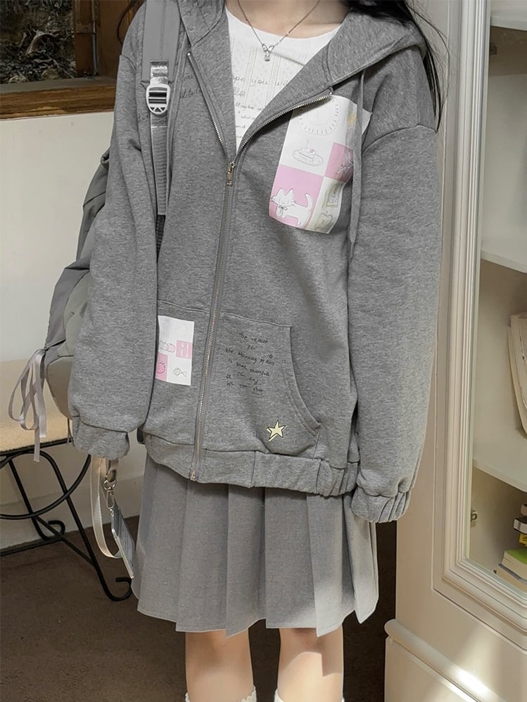 Grey Cartoon Print Zip Hoodie