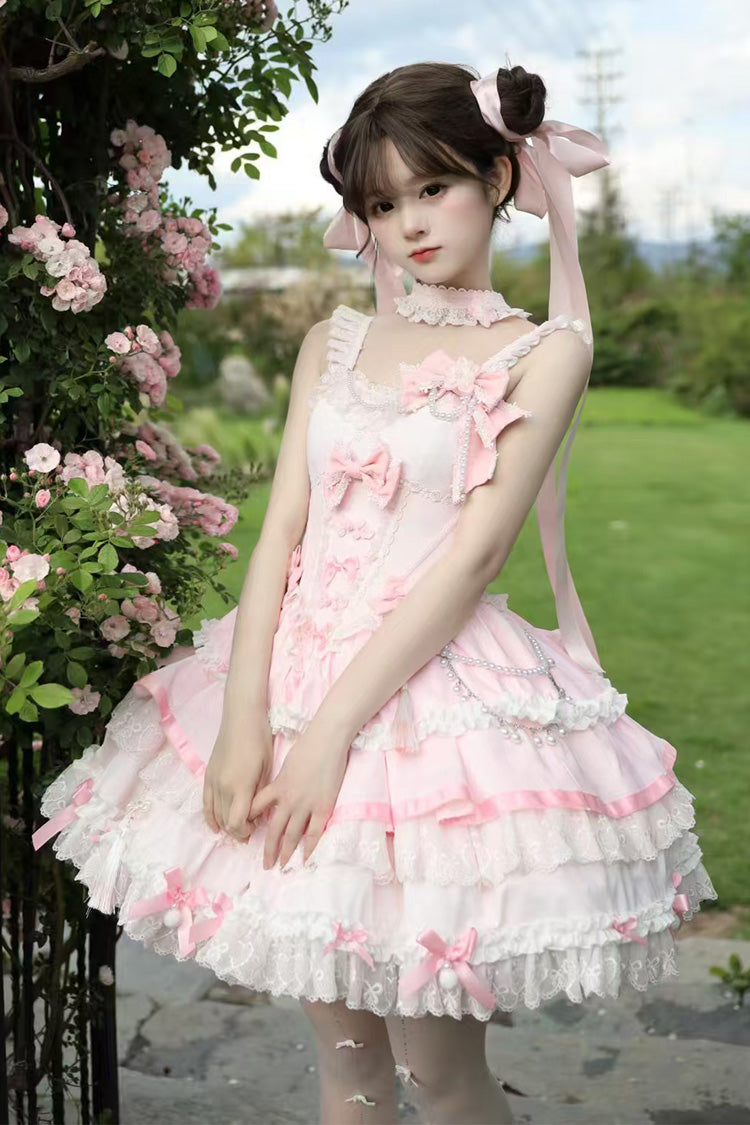 Pink [Prelude of Spring Cherry] Square Collar Sleeveless Multi-Layered Jacquard Ruffled Bow Lace Pearl-Decorated Sweet Lolita Jsk Dress