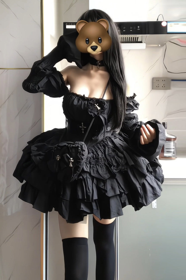 Sleeveless Black Lace Bowknot Triple-Layered Gothic Princess Dress