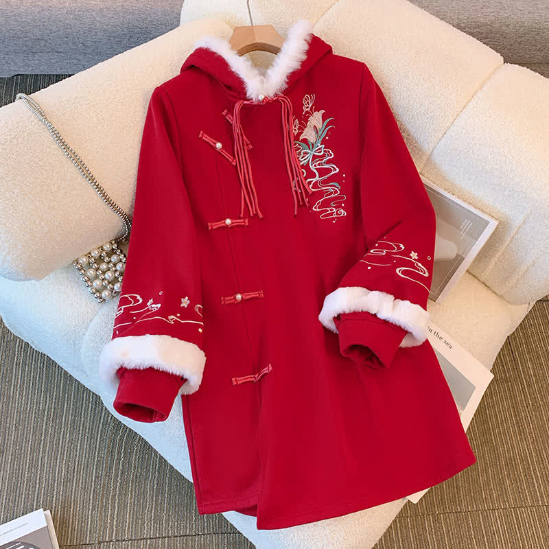 Delicate Flower Embroidery Buckle Plush Hooded Sweatshirt Dress