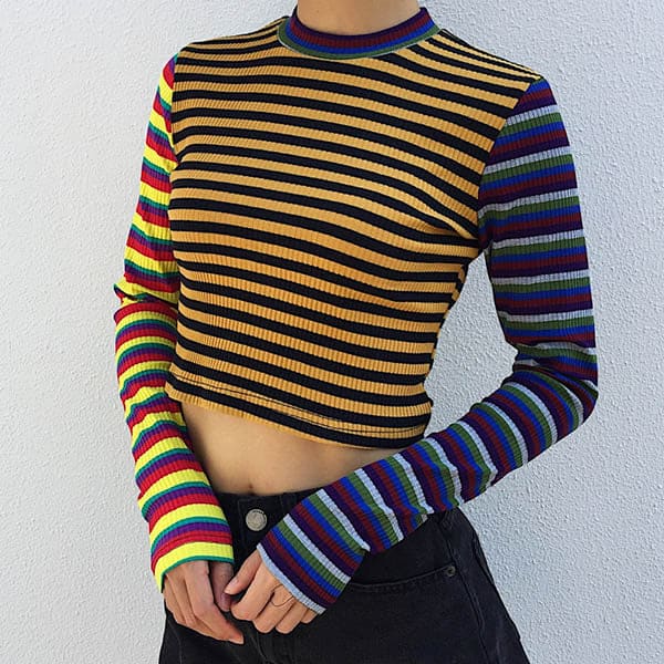 Color Strip Knit Crop - Sweatshirts