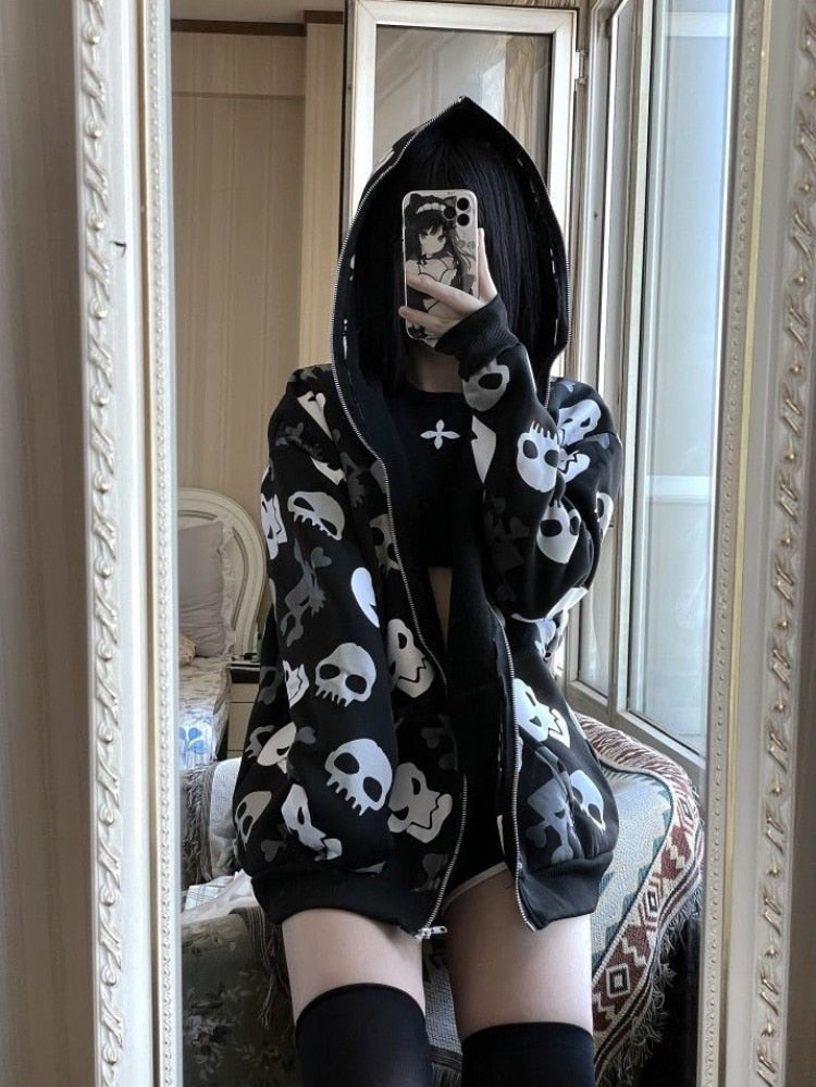 Cozy skull zip up oversized hoodie - black - goth - gothic - hoodie - skull