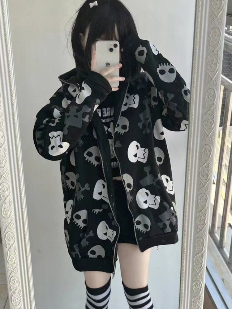 Cozy skull zip up oversized hoodie - black - goth - gothic - hoodie - skull