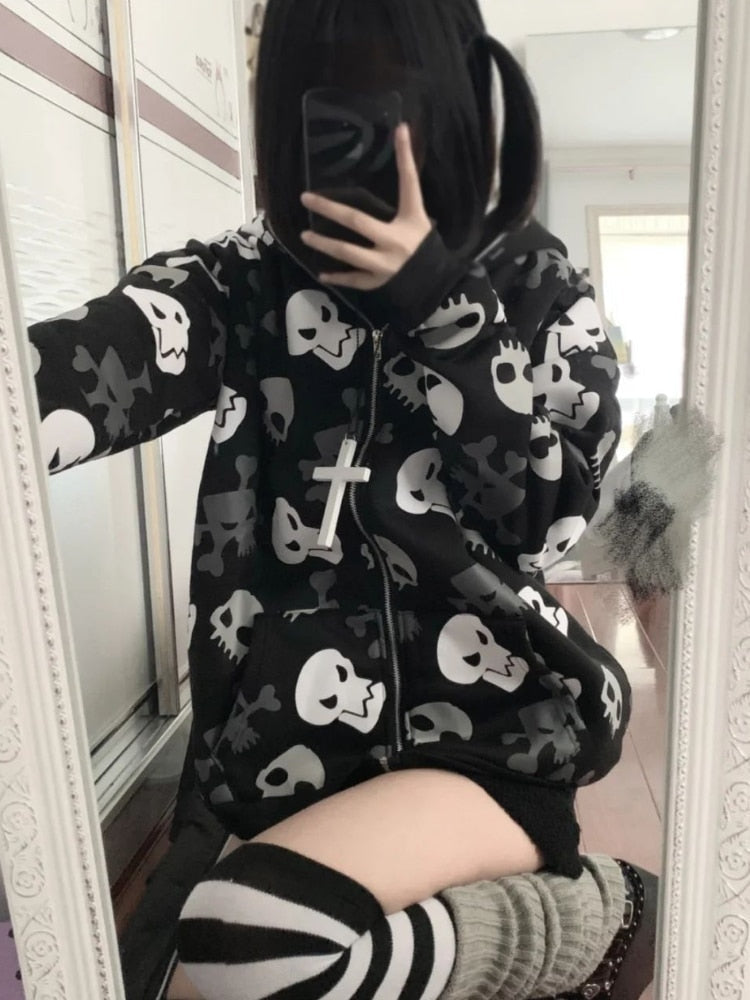 Cozy skull zip up oversized hoodie - black - goth - gothic - hoodie - skull