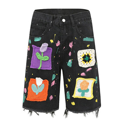 Cartoon Flower Denim Shorts