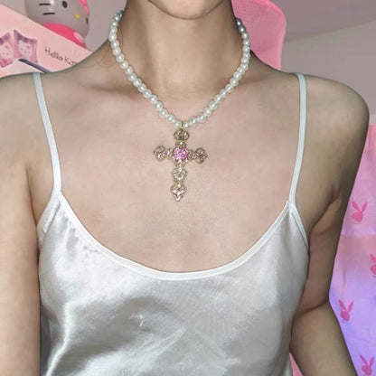 Pearl Cross Diamond Necklace