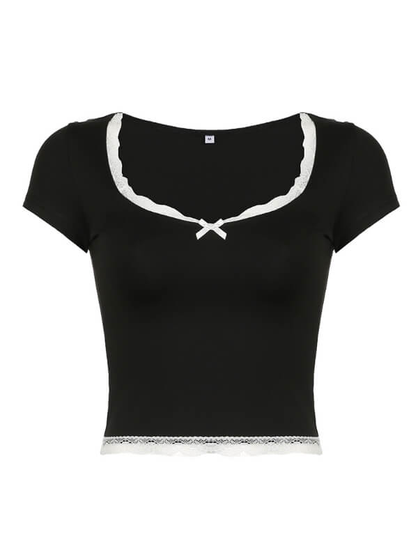 Square-cut Collar Lace Trim Top