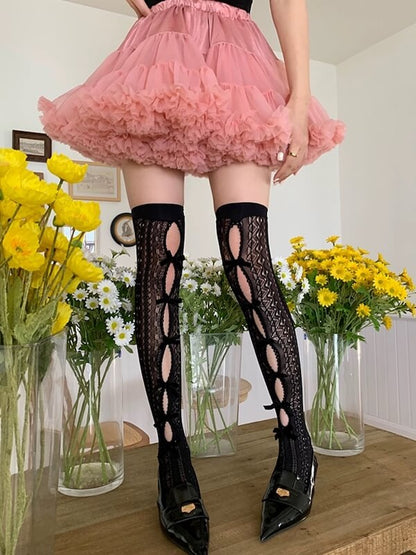 Bow Hollow-out Lace Stockings