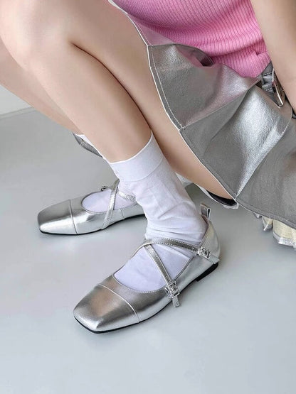 Silver Ballet Flats Shoes