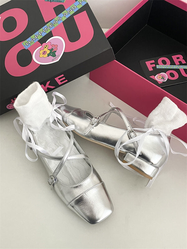 Silver Ballet Flats Shoes