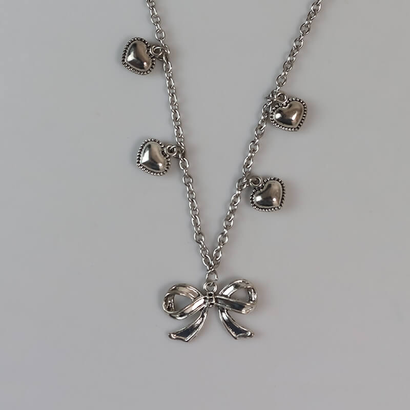 Sliver Heart Bow Necklace