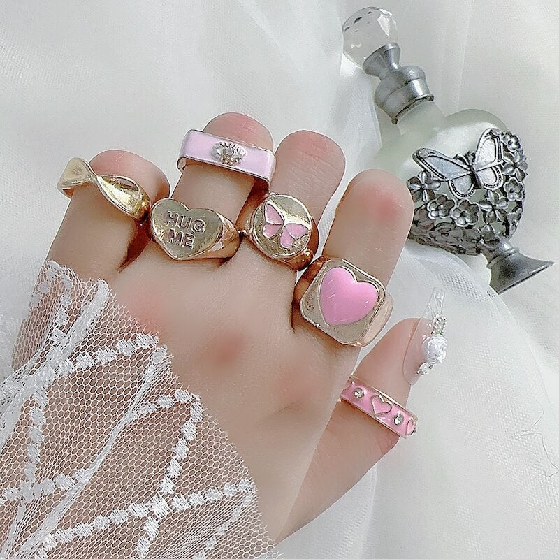 Fashion Pink Heart Rings 6 pieces