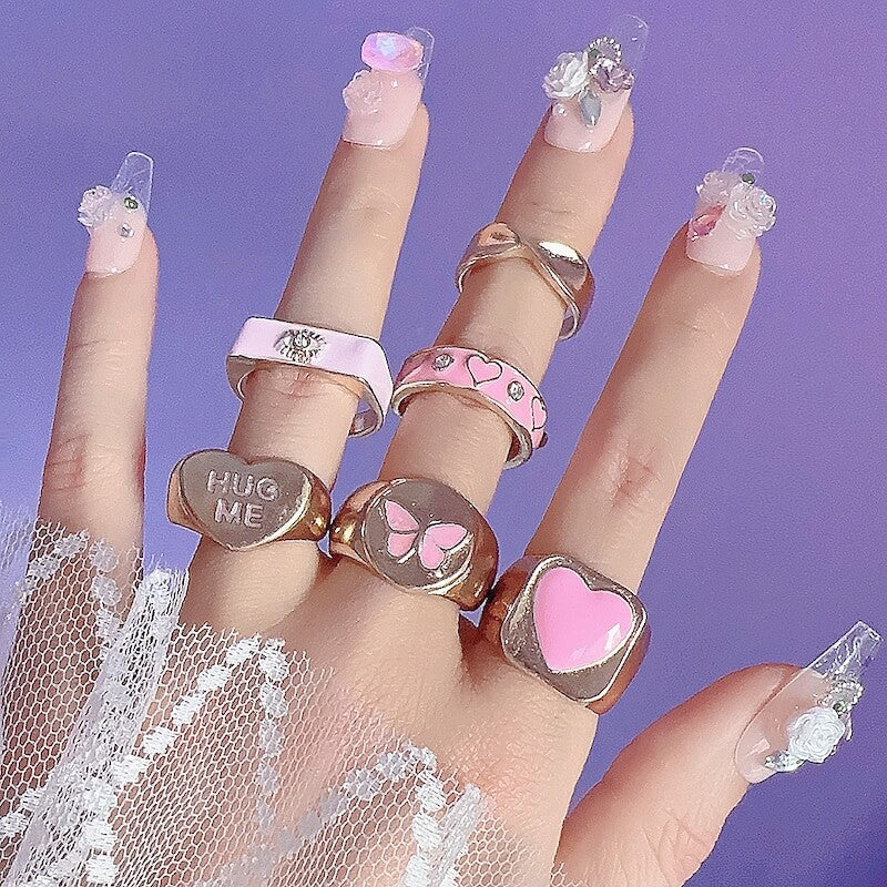 Fashion Pink Heart Rings 6 pieces