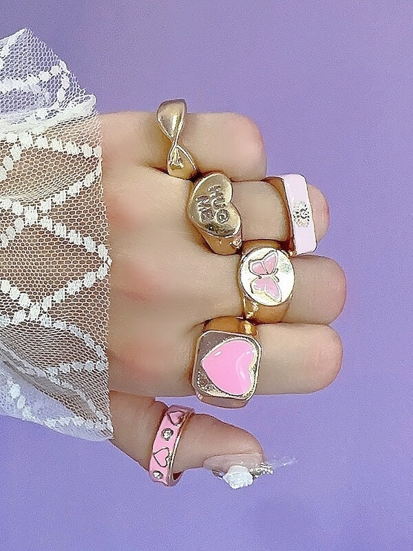 Fashion Pink Heart Rings 6 pieces