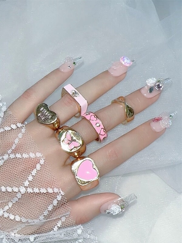 Fashion Pink Heart Rings 6 pieces