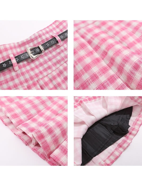 Pink Plaid Belt Skirt