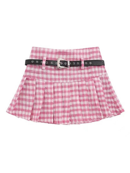 Pink Plaid Belt Skirt