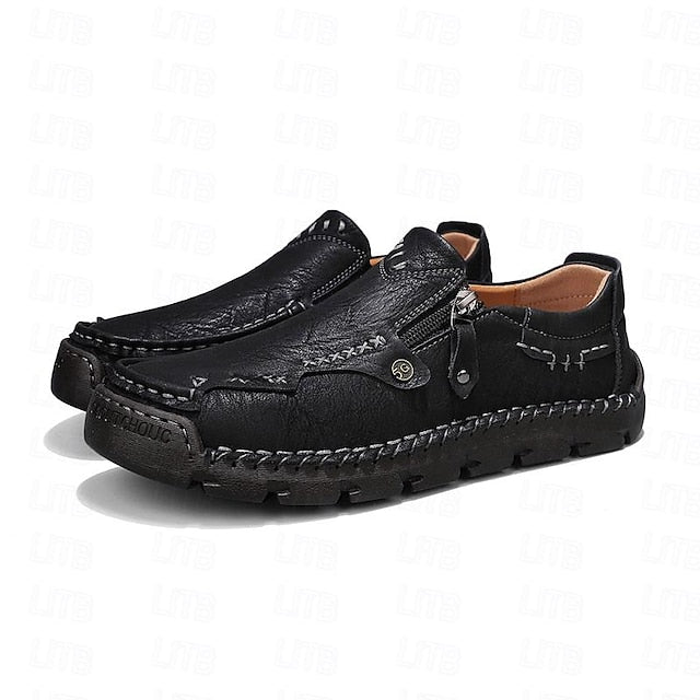 Slip-On Side Loafers Zipper with Brown Men's Faux Leather