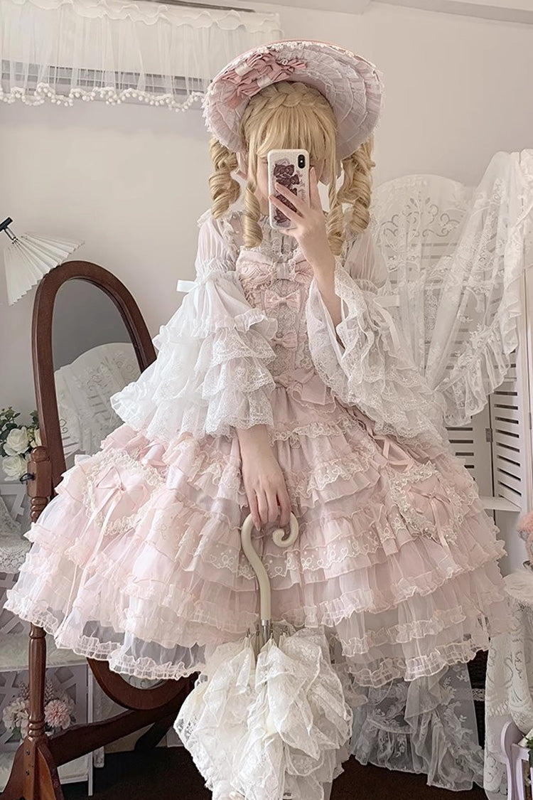 Rosy Ruffle Cascade Bow Embellished Sweetheart Lolita Jumper Dress - Sweetheart Diary