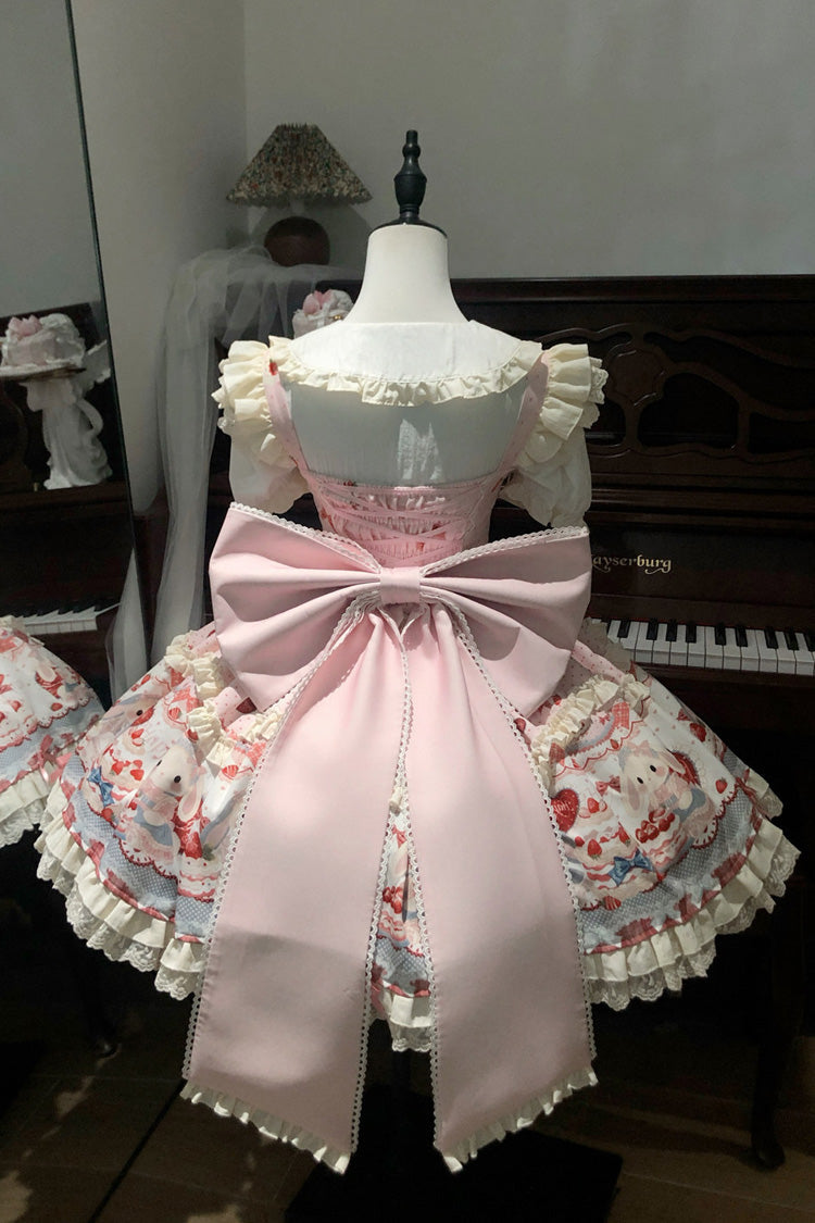Pink [Cute Rabbit Party] Sleeveless Double-Layered Printed Ruffled Bow Sweet Lolita Jsk Dress
